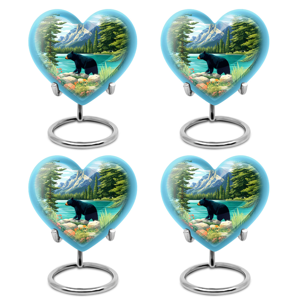Royal Blue Bear Cremation Urn angled view of lid and engraved motif - romantic heart urn with bear motif on aluminum - 10 inch aluminum urn for cremated remains