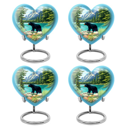 Royal Blue Bear Cremation Urn angled view of lid and engraved motif - romantic heart urn with bear motif on aluminum - 10 inch aluminum urn for cremated remains