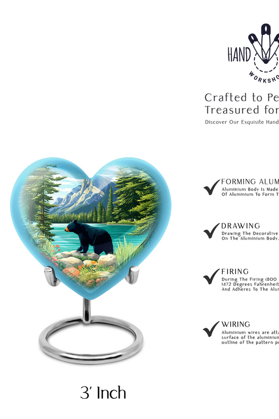 Steel Blue Bear Cremation Urn front view showing detailed design - romantic heart urn with bear motif on aluminum - mini keepsake memorial for portion of cremation ashes