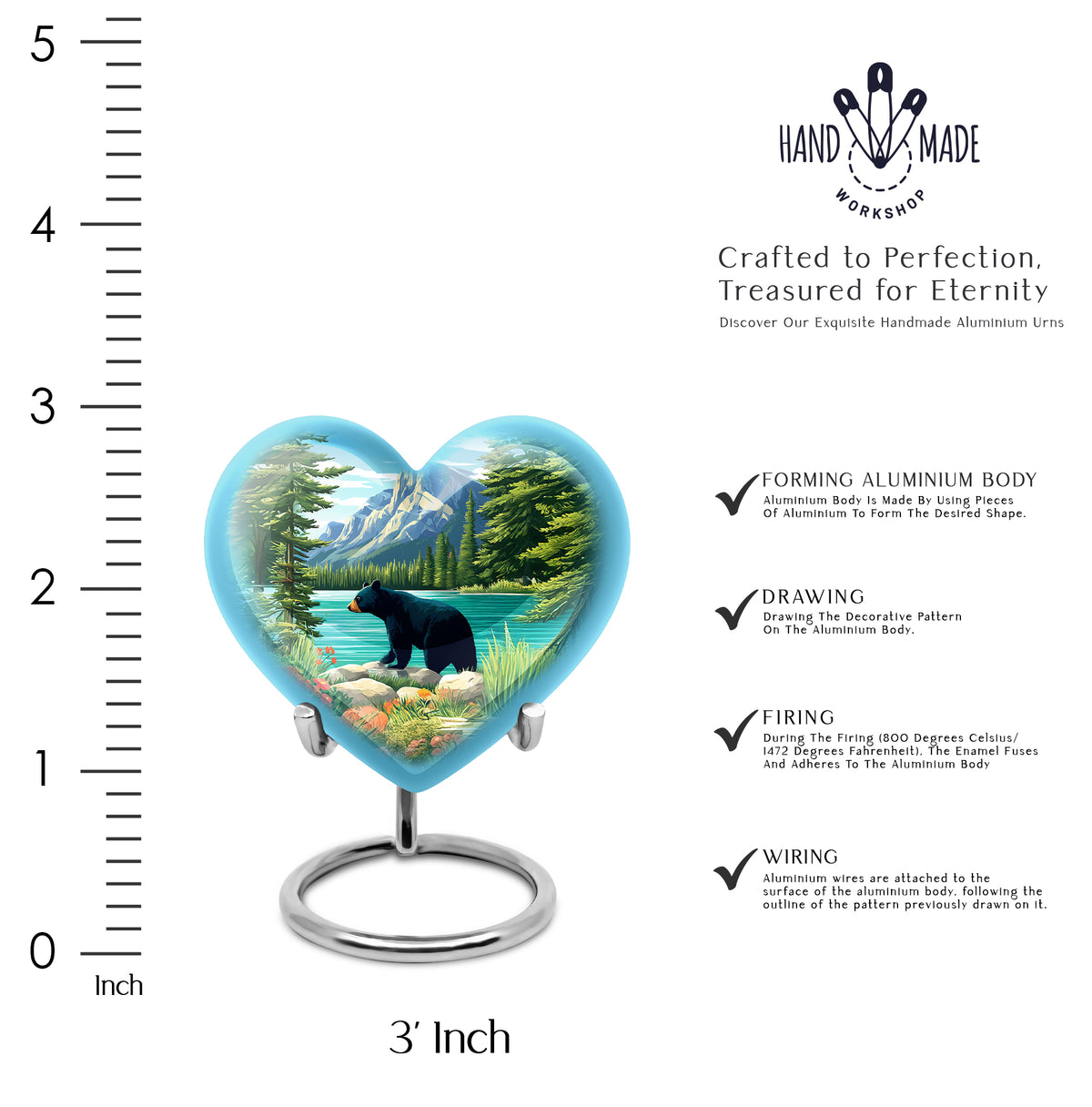 Steel Blue Bear Cremation Urn front view showing detailed design - romantic heart urn with bear motif on aluminum - mini keepsake memorial for portion of cremation ashes