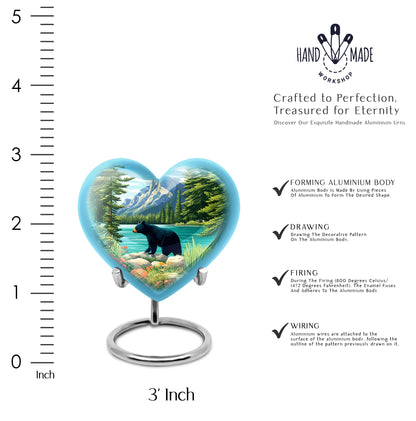 Steel Blue Bear Cremation Urn front view showing detailed design - romantic heart urn with bear motif on aluminum - mini keepsake memorial for portion of cremation ashes