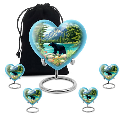 Icy Blue Bear Cremation Urn close-up of engraving and surface detail - heart-shaped bear design symbolizing eternal love - memorial set with one large and four small urns