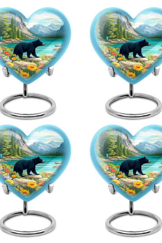 Tropical Teal Bear Cremation Urn angled view of lid and engraved motif - compassionate heart-bear combination with gentle curves - 10 inch aluminum urn for cremated remains