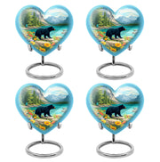 Tropical Teal Bear Cremation Urn angled view of lid and engraved motif - compassionate heart-bear combination with gentle curves - 10 inch aluminum urn for cremated remains
