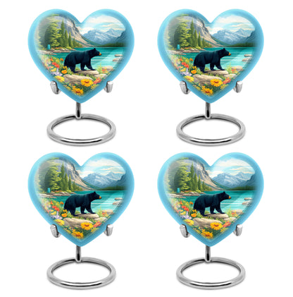 Tropical Teal Bear Cremation Urn angled view of lid and engraved motif - compassionate heart-bear combination with gentle curves - 10 inch aluminum urn for cremated remains