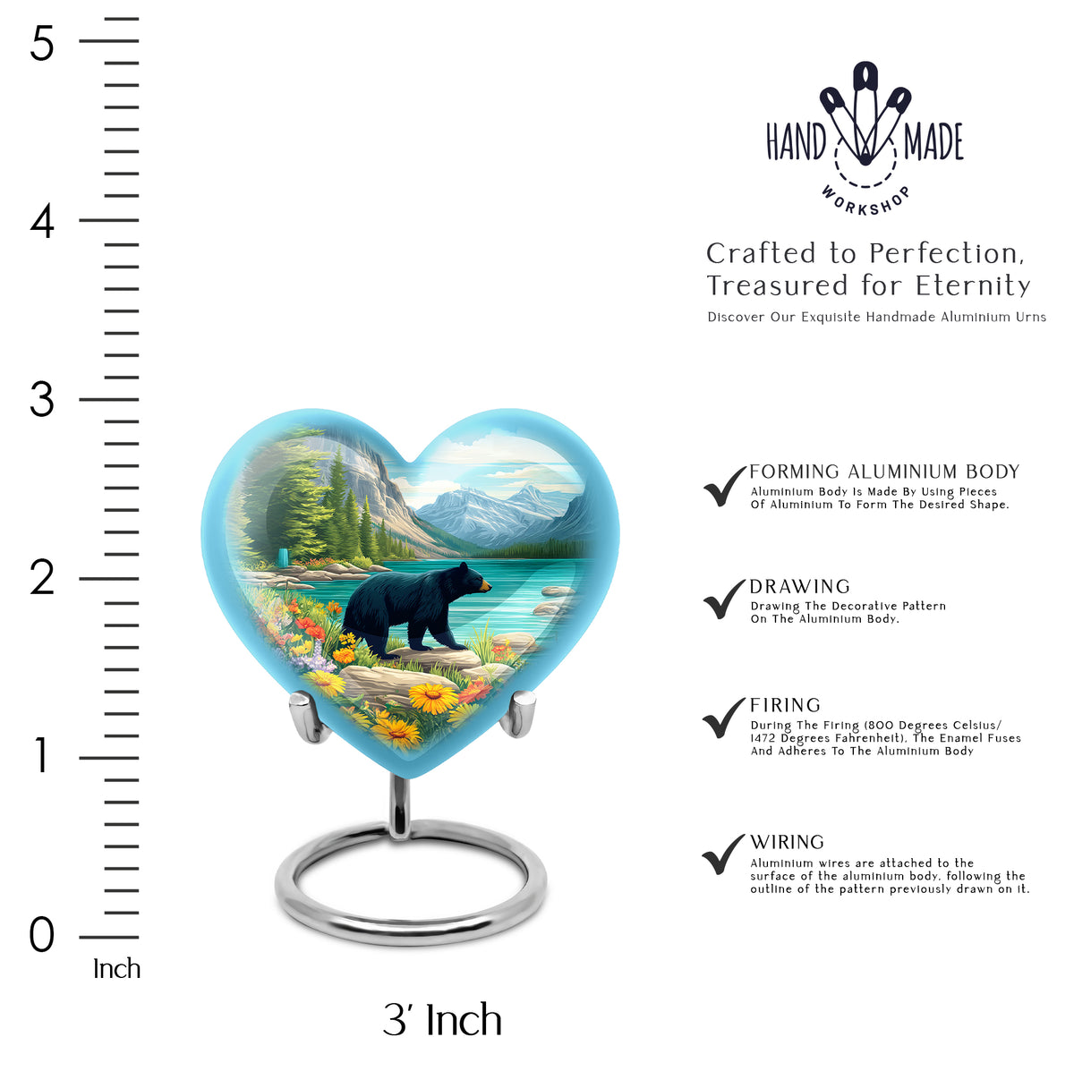 Aqua Teal Bear Cremation Urn front view showing detailed design - compassionate heart-bear combination with gentle curves - mini keepsake memorial for portion of cremation ashes
