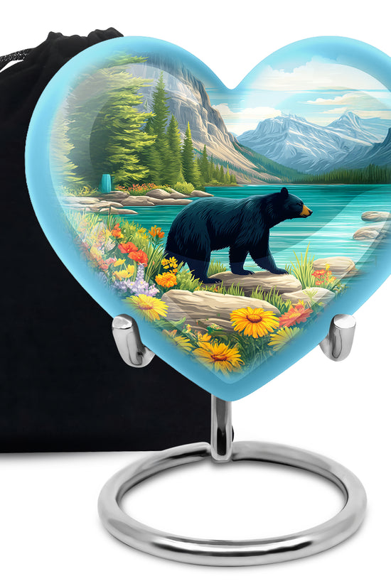 Sea Green Teal Bear Cremation Urn detail view - loving heart memorial featuring bear pattern - full-size 10 inch 200 cubic inch adult cremation urn