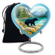 Sea Green Teal Bear Cremation Urn detail view - loving heart memorial featuring bear pattern - full-size 10 inch 200 cubic inch adult cremation urn