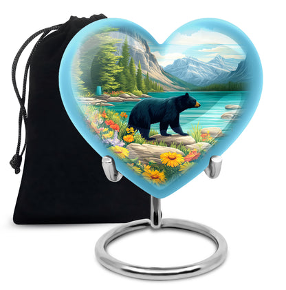 Sea Green Teal Bear Cremation Urn detail view - loving heart memorial featuring bear pattern - full-size 10 inch 200 cubic inch adult cremation urn
