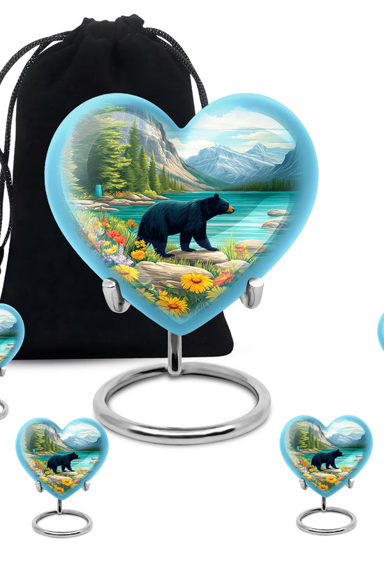 Mystic Teal Bear Cremation Urn close-up of engraving and surface detail - compassionate heart-bear combination with gentle curves - memorial set with one large and four small urns
