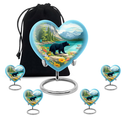 Mystic Teal Bear Cremation Urn close-up of engraving and surface detail - compassionate heart-bear combination with gentle curves - memorial set with one large and four small urns