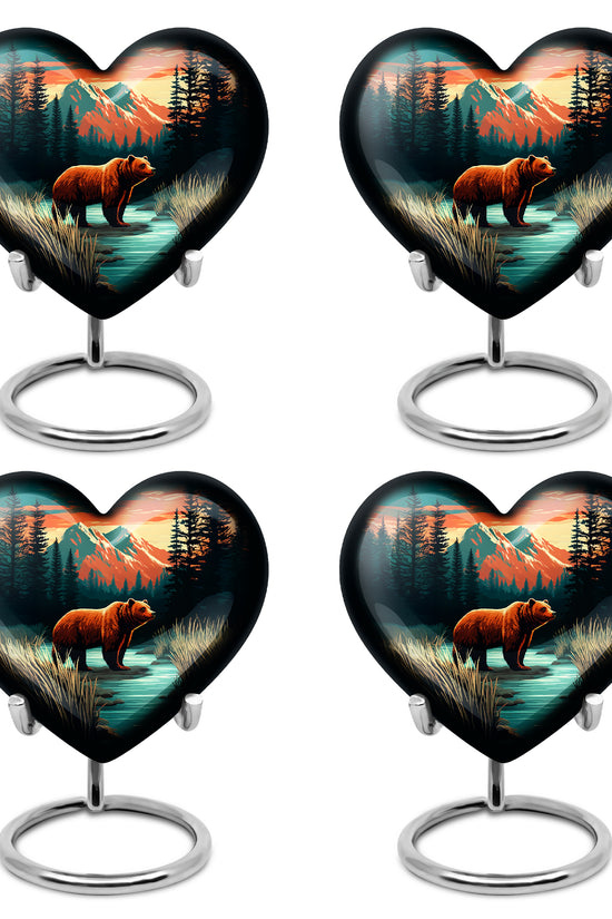 Mystic Teal Bear Cremation Urn angled view of lid and engraved motif - romantic heart urn with bear motif on aluminum - 10 inch aluminum urn for cremated remains