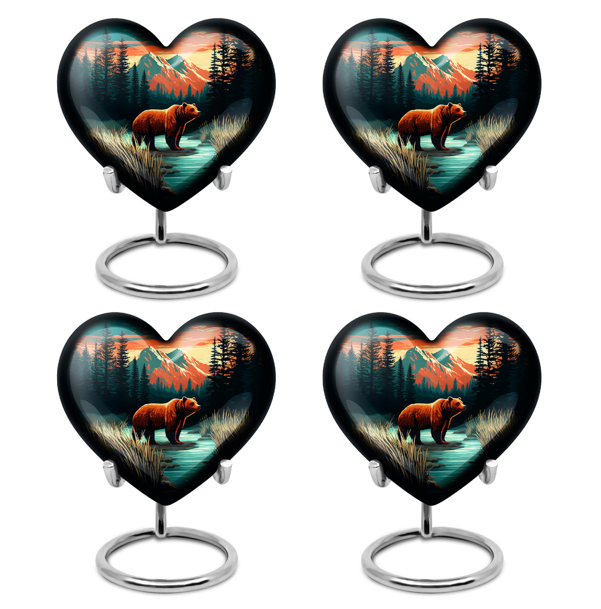 Mystic Teal Bear Cremation Urn angled view of lid and engraved motif - romantic heart urn with bear motif on aluminum - 10 inch aluminum urn for cremated remains