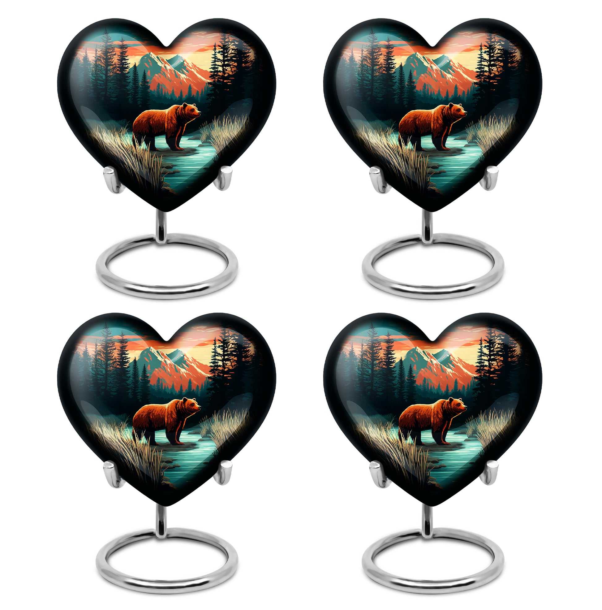 Mystic Teal Bear Cremation Urn angled view of lid and engraved motif - romantic heart urn with bear motif on aluminum - 10 inch aluminum urn for cremated remains