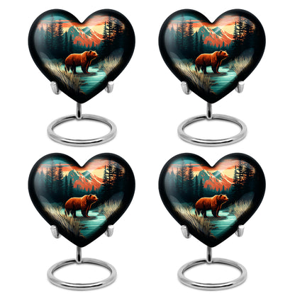 Mystic Teal Bear Cremation Urn angled view of lid and engraved motif - romantic heart urn with bear motif on aluminum - 10 inch aluminum urn for cremated remains