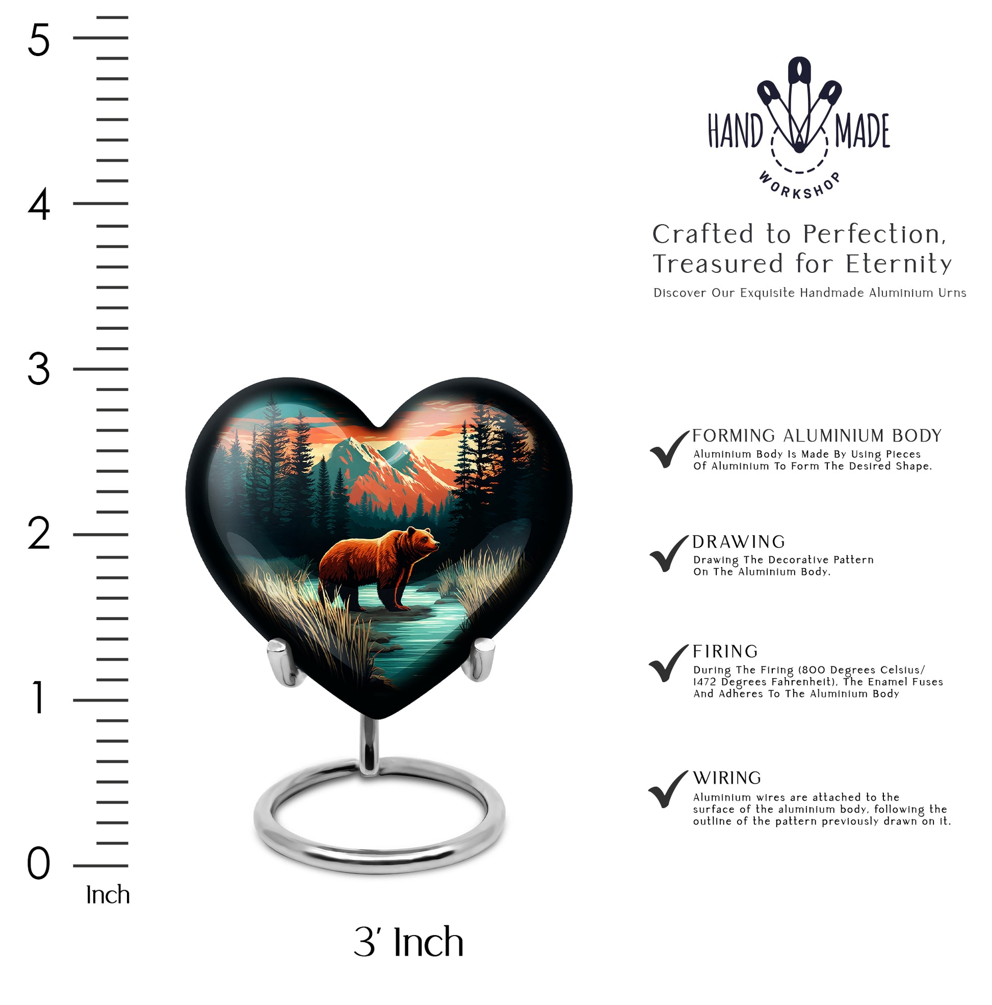 Ocean Teal Bear Cremation Urn front view showing detailed design - heart-shaped bear design symbolizing eternal love - mini keepsake memorial for portion of cremation ashes