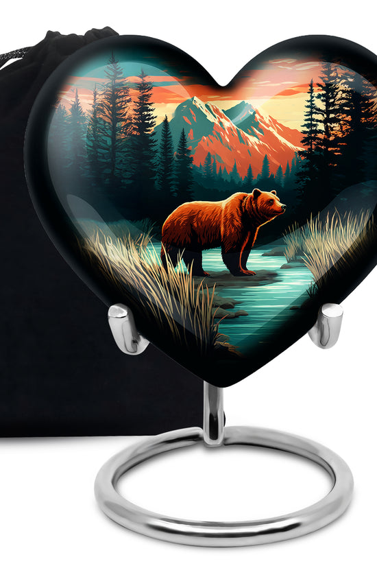 Deep Teal Bear Cremation Urn detail view - romantic heart urn with bear motif on aluminum - full-size 10 inch 200 cubic inch adult cremation urn