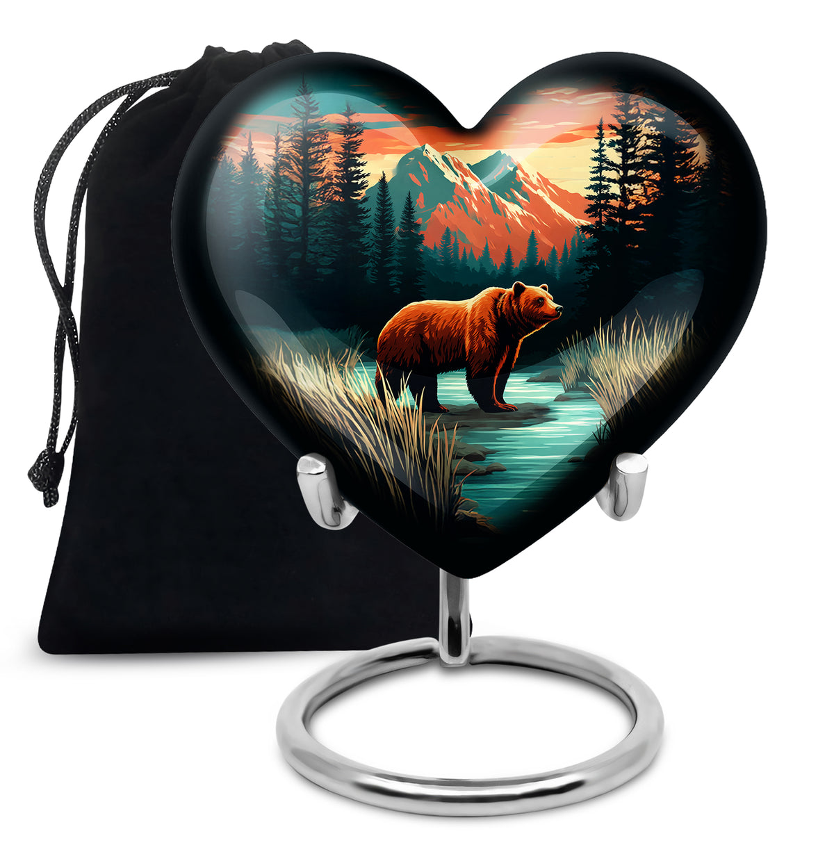 Deep Teal Bear Cremation Urn detail view - romantic heart urn with bear motif on aluminum - full-size 10 inch 200 cubic inch adult cremation urn