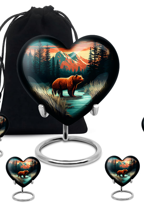 Vivid Teal Bear Cremation Urn close-up of engraving and surface detail - romantic heart urn with bear motif on aluminum - memorial set with one large and four small urns