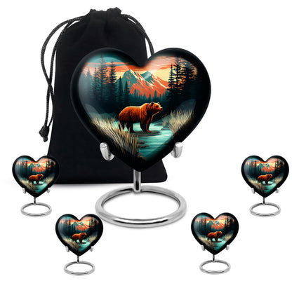 Vivid Teal Bear Cremation Urn close-up of engraving and surface detail - romantic heart urn with bear motif on aluminum - memorial set with one large and four small urns