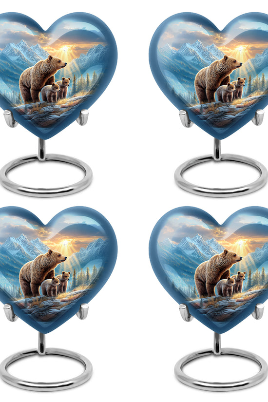 Twilight Blue Bear Cremation Urn angled view of lid and engraved motif - compassionate heart-bear combination with gentle curves - 10 inch aluminum urn for cremated remains