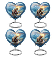 Twilight Blue Bear Cremation Urn angled view of lid and engraved motif - compassionate heart-bear combination with gentle curves - 10 inch aluminum urn for cremated remains