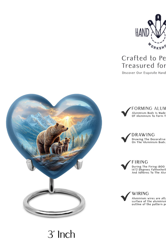 Bright Blue Bear Cremation Urn front view showing detailed design - romantic heart urn with bear motif on aluminum - mini keepsake memorial for portion of cremation ashes