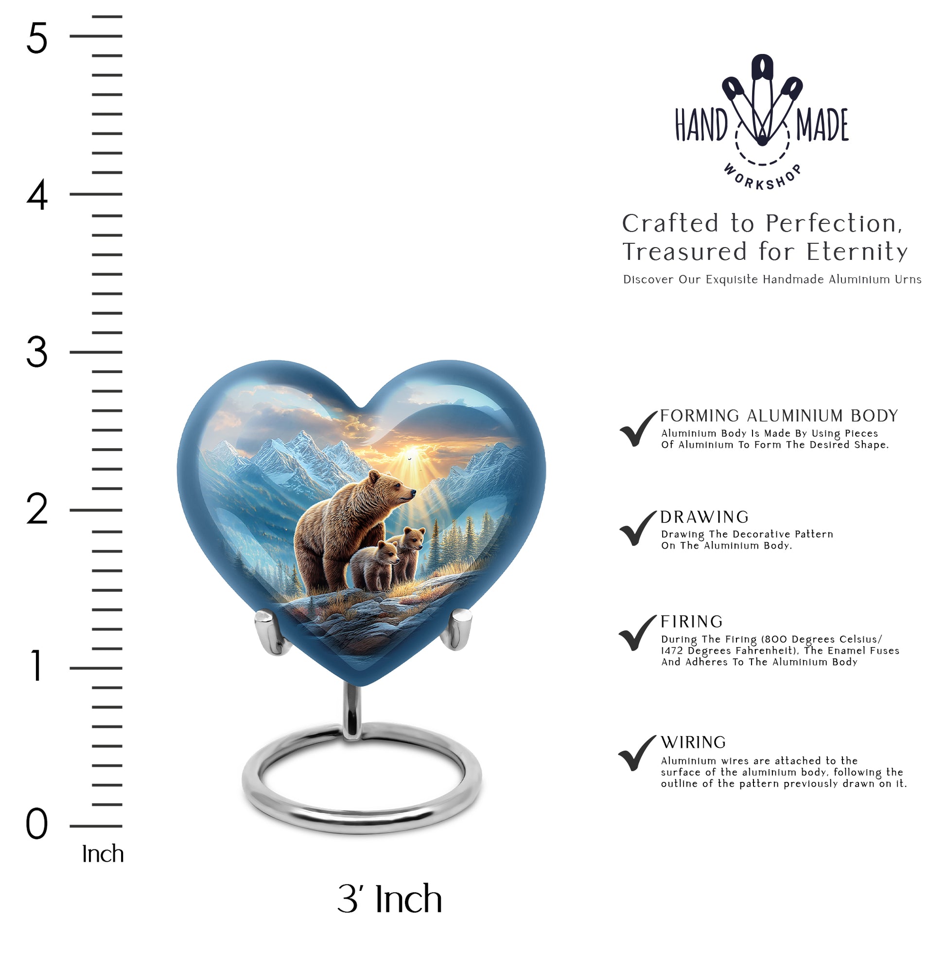 Bright Blue Bear Cremation Urn front view showing detailed design - romantic heart urn with bear motif on aluminum - mini keepsake memorial for portion of cremation ashes