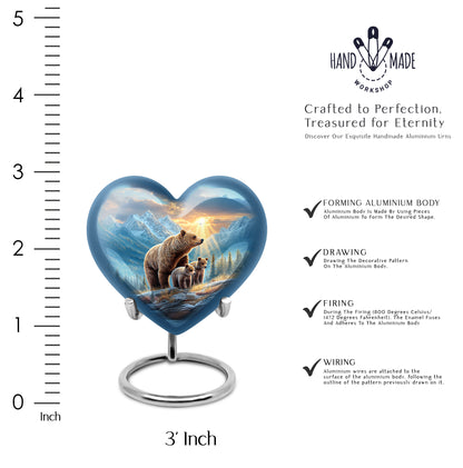 Bright Blue Bear Cremation Urn front view showing detailed design - romantic heart urn with bear motif on aluminum - mini keepsake memorial for portion of cremation ashes