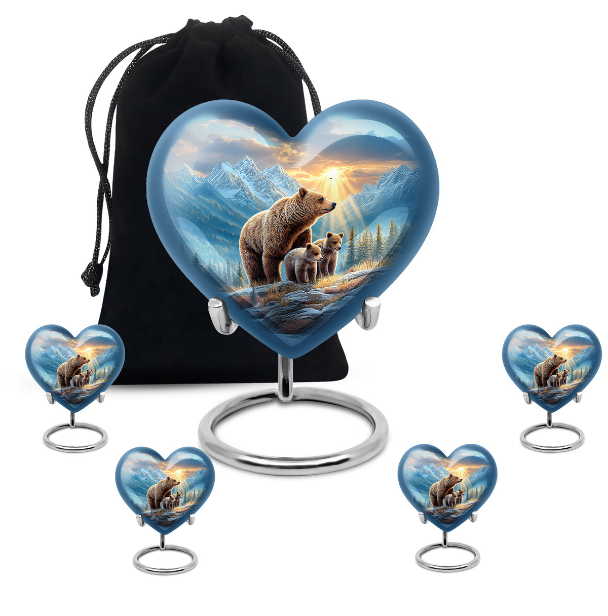 Vivid Blue Bear Cremation Urn close-up of engraving and surface detail - romantic heart urn with bear motif on aluminum - memorial set with one large and four small urns