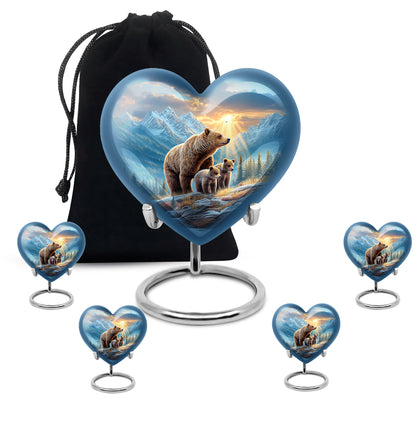 Vivid Blue Bear Cremation Urn close-up of engraving and surface detail - romantic heart urn with bear motif on aluminum - memorial set with one large and four small urns
