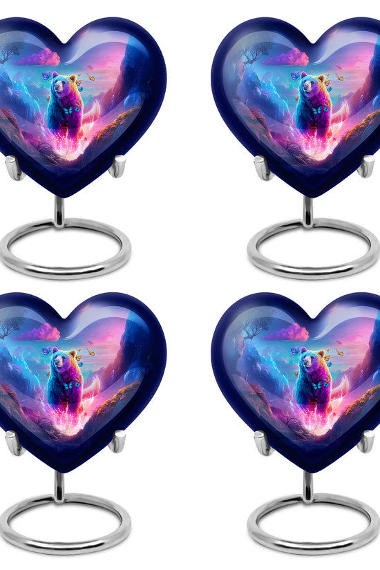 Steel Blue Bear Cremation Urn angled view of lid and engraved motif - compassionate heart-bear combination with gentle curves - 10 inch aluminum urn for cremated remains