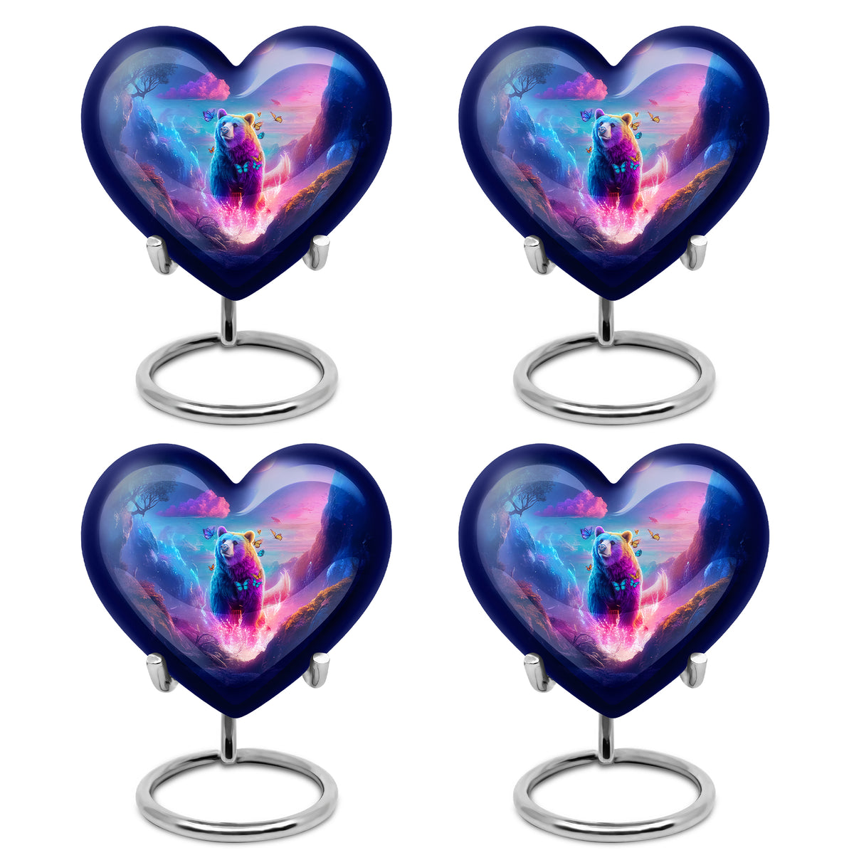 Steel Blue Bear Cremation Urn angled view of lid and engraved motif - compassionate heart-bear combination with gentle curves - 10 inch aluminum urn for cremated remains