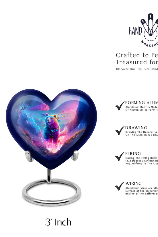 Soft Blue Bear Cremation Urn front view showing detailed design - romantic heart urn with bear motif on aluminum - mini keepsake memorial for portion of cremation ashes
