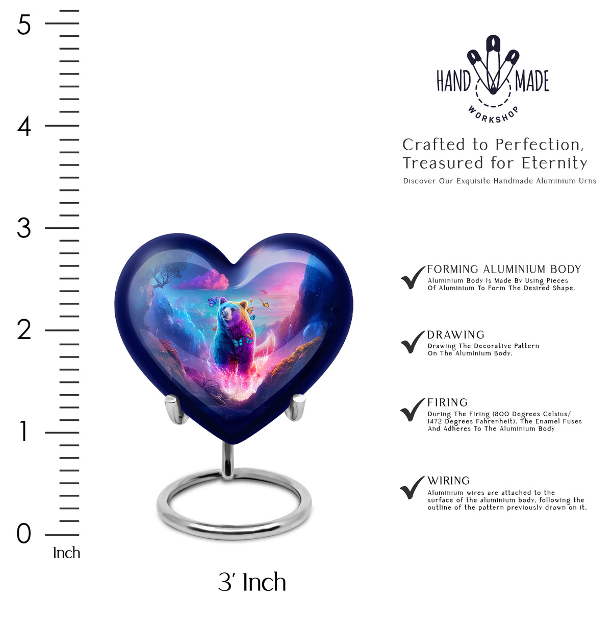 Soft Blue Bear Cremation Urn front view showing detailed design - romantic heart urn with bear motif on aluminum - mini keepsake memorial for portion of cremation ashes