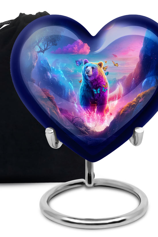 Bright Blue Bear Cremation Urn detail view - compassionate heart-bear combination with gentle curves - full-size 10 inch 200 cubic inch adult cremation urn