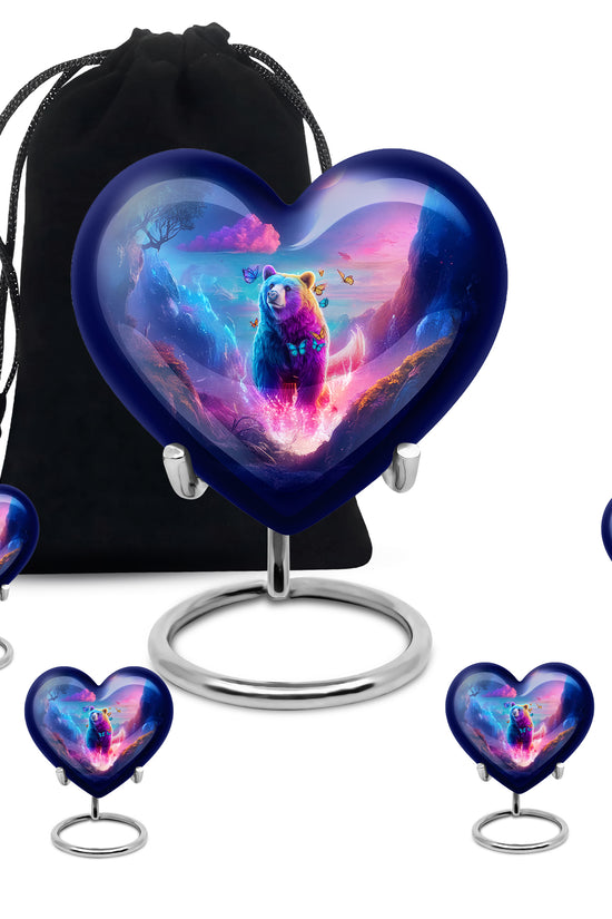 Azure Bear Cremation Urn close-up of engraving and surface detail - loving heart memorial featuring bear pattern - memorial set with one large and four small urns