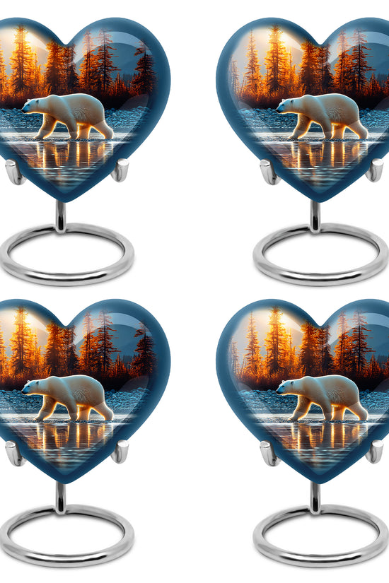 Royal Blue Bear Cremation Urn angled view of lid and engraved motif - romantic heart urn with bear motif on aluminum - 10 inch aluminum urn for cremated remains