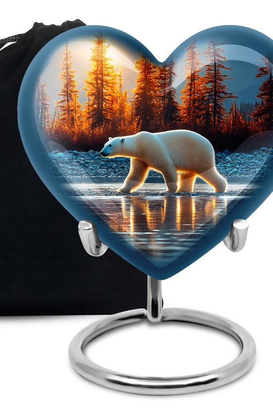 Bright Blue Bear Cremation Urn detail view - romantic heart urn with bear motif on aluminum - full-size 10 inch 200 cubic inch adult cremation urn