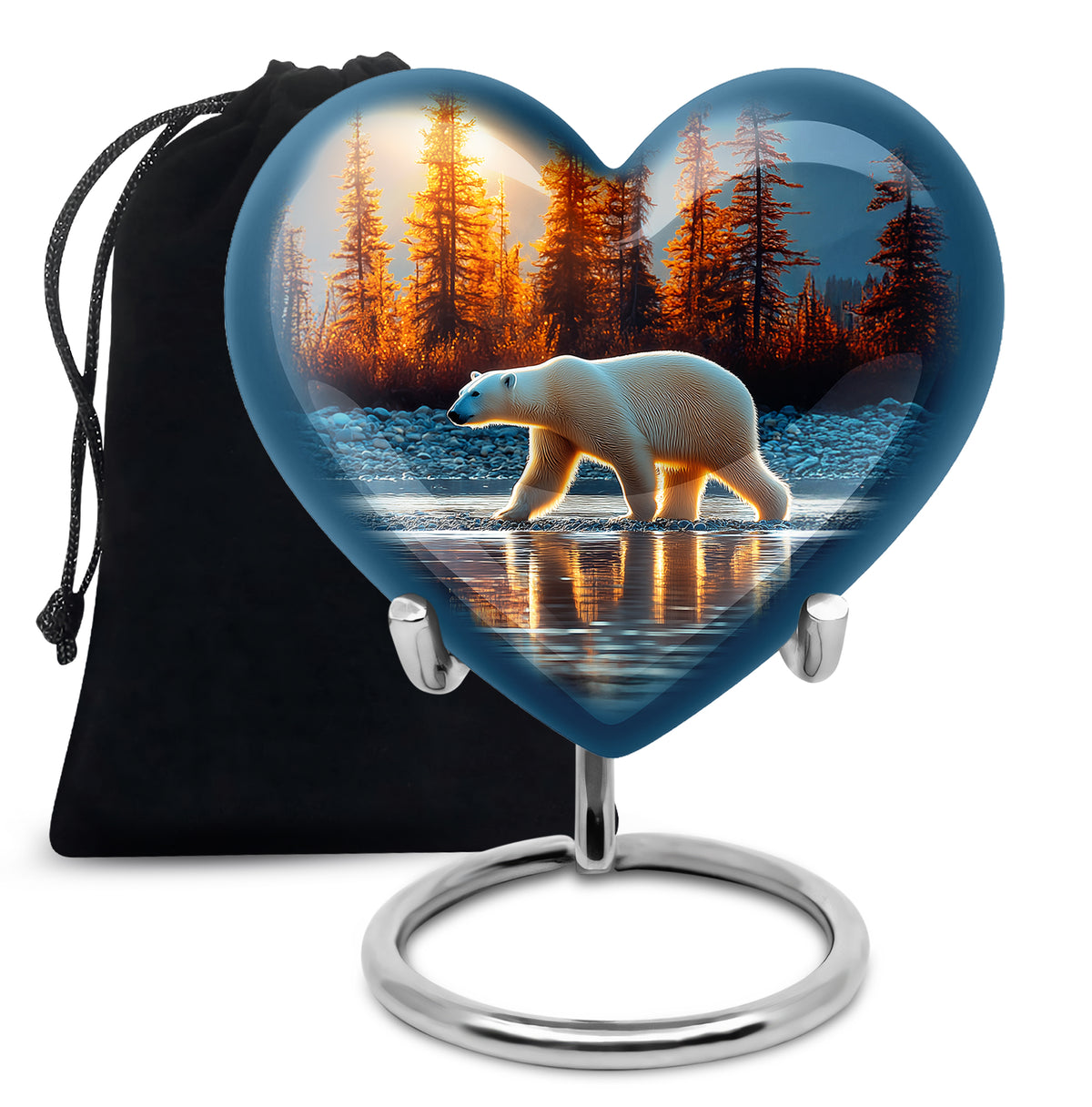 Bright Blue Bear Cremation Urn detail view - romantic heart urn with bear motif on aluminum - full-size 10 inch 200 cubic inch adult cremation urn