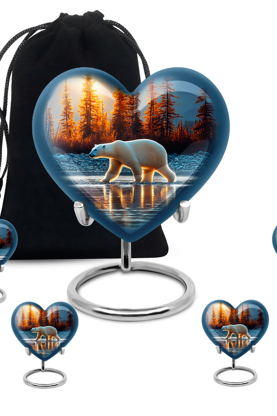 Royal Blue Bear Cremation Urn close-up of engraving and surface detail - compassionate heart-bear combination with gentle curves - memorial set with one large and four small urns