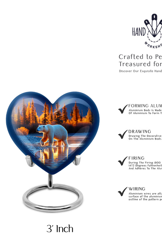 Vivid Blue Bear Cremation Urn front view showing detailed design - romantic heart urn with bear motif on aluminum - mini keepsake memorial for portion of cremation ashes