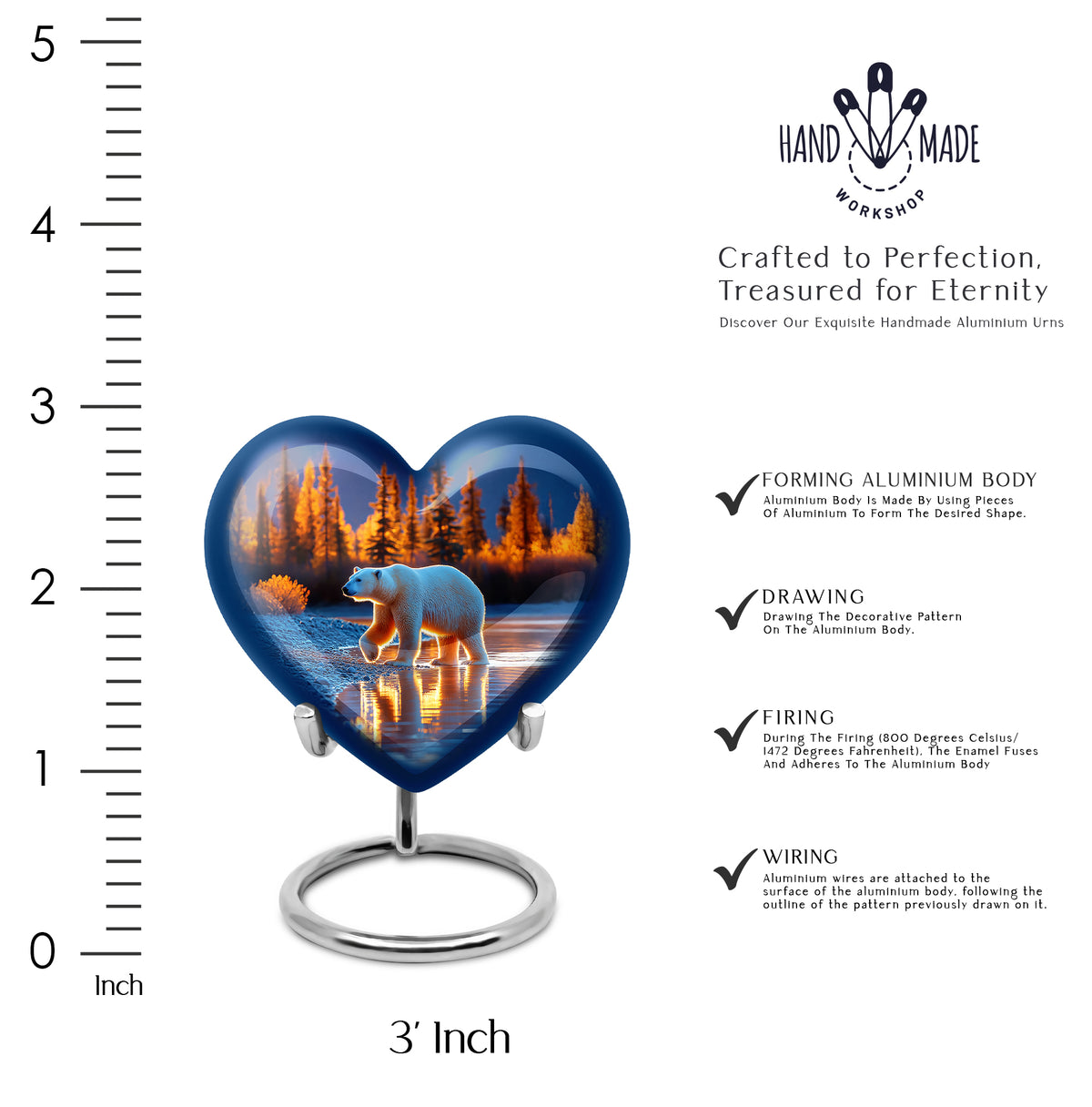 Vivid Blue Bear Cremation Urn front view showing detailed design - romantic heart urn with bear motif on aluminum - mini keepsake memorial for portion of cremation ashes