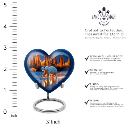 Vivid Blue Bear Cremation Urn front view showing detailed design - romantic heart urn with bear motif on aluminum - mini keepsake memorial for portion of cremation ashes