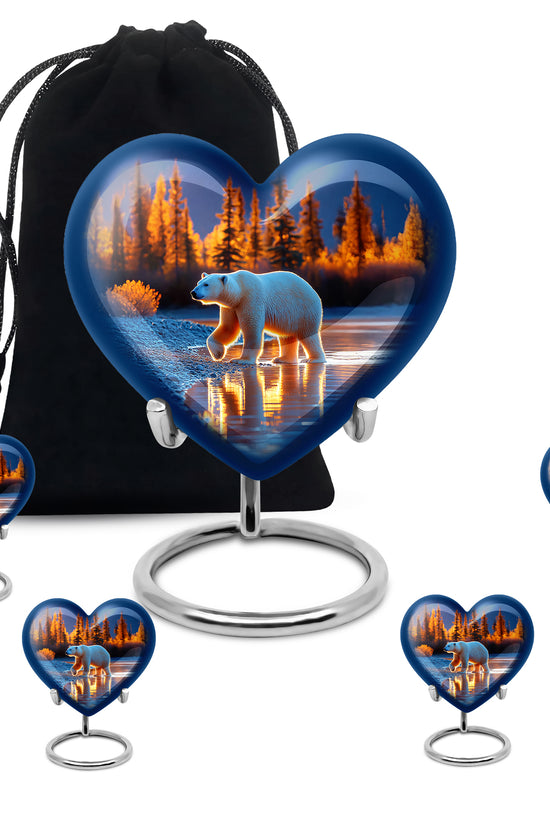 Serene Blue Bear Cremation Urn close-up of engraving and surface detail - romantic heart urn with bear motif on aluminum - memorial set with one large and four small urns