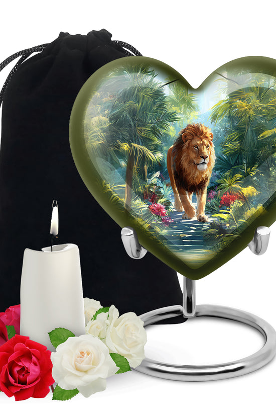 Jungle Lion Memorial Urn - Tropical Forest Cremation Urn For Dad