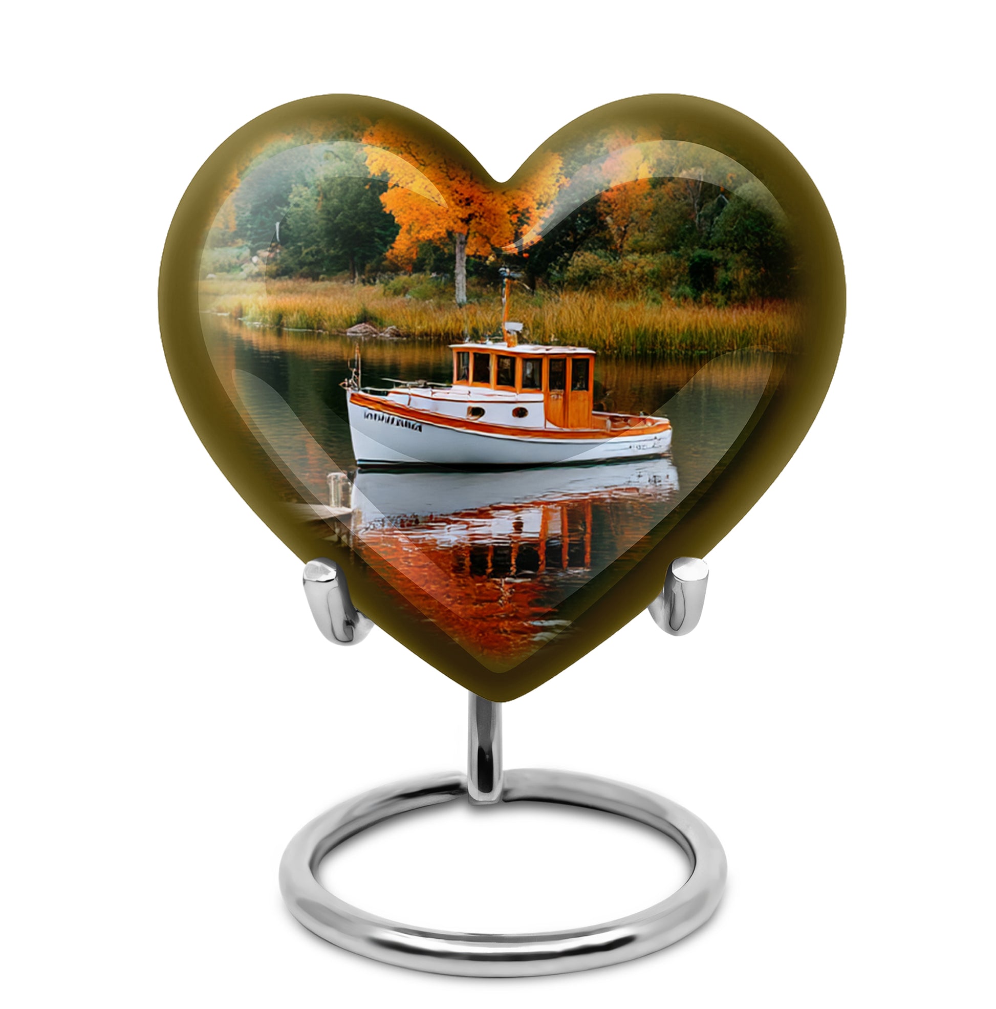 Boat Scenic Cremation Urn - Autumn Lake Memorial Urn For Ashes