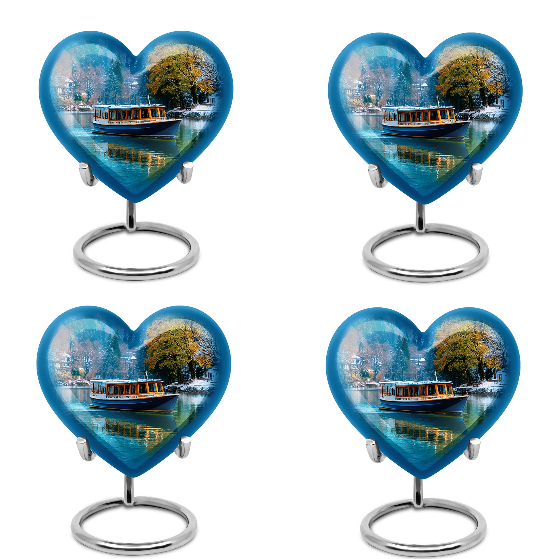 Misty Blue Boat Cremation Urn angled view of lid and engraved motif - heart-shaped boat design symbolizing eternal love - 10 inch aluminum urn for cremated remains
