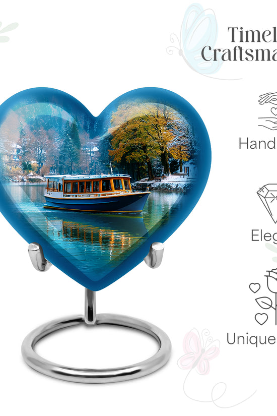 Twilight Blue Boat Cremation Urn front view showing detailed design - romantic heart urn with boat motif on aluminum - mini keepsake memorial for portion of cremation ashes