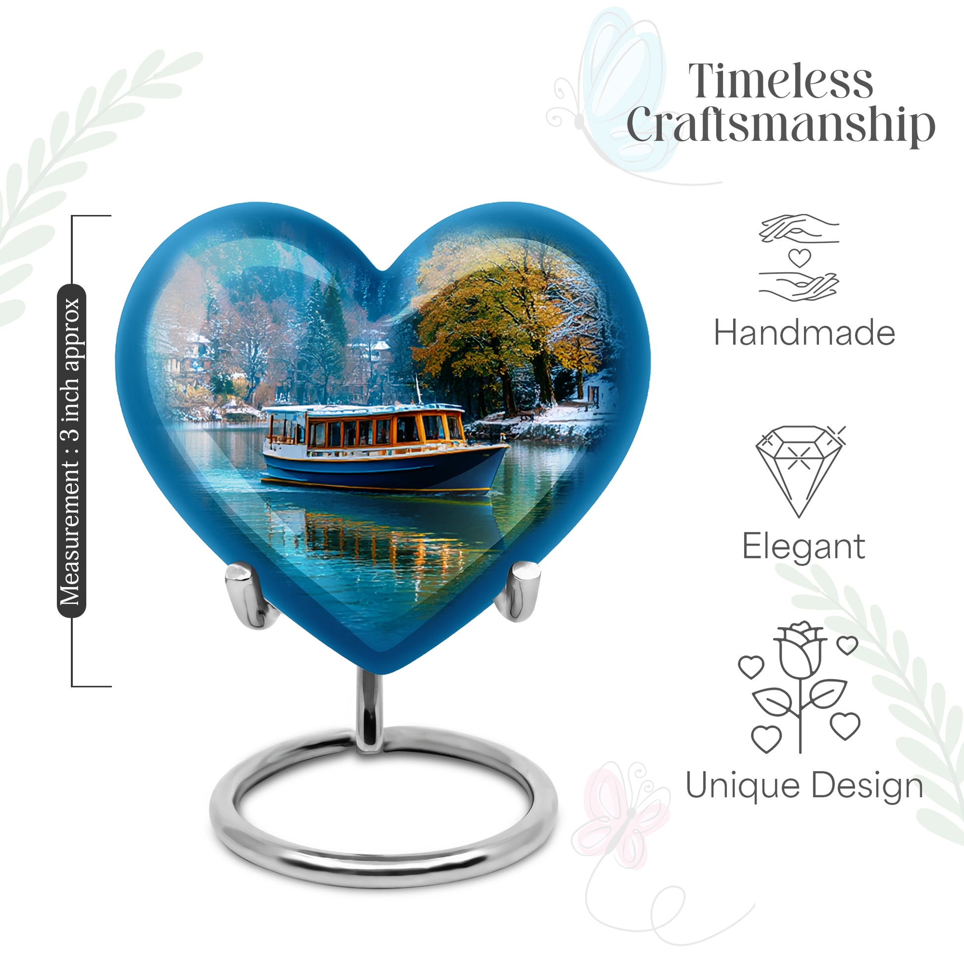 Twilight Blue Boat Cremation Urn front view showing detailed design - romantic heart urn with boat motif on aluminum - mini keepsake memorial for portion of cremation ashes
